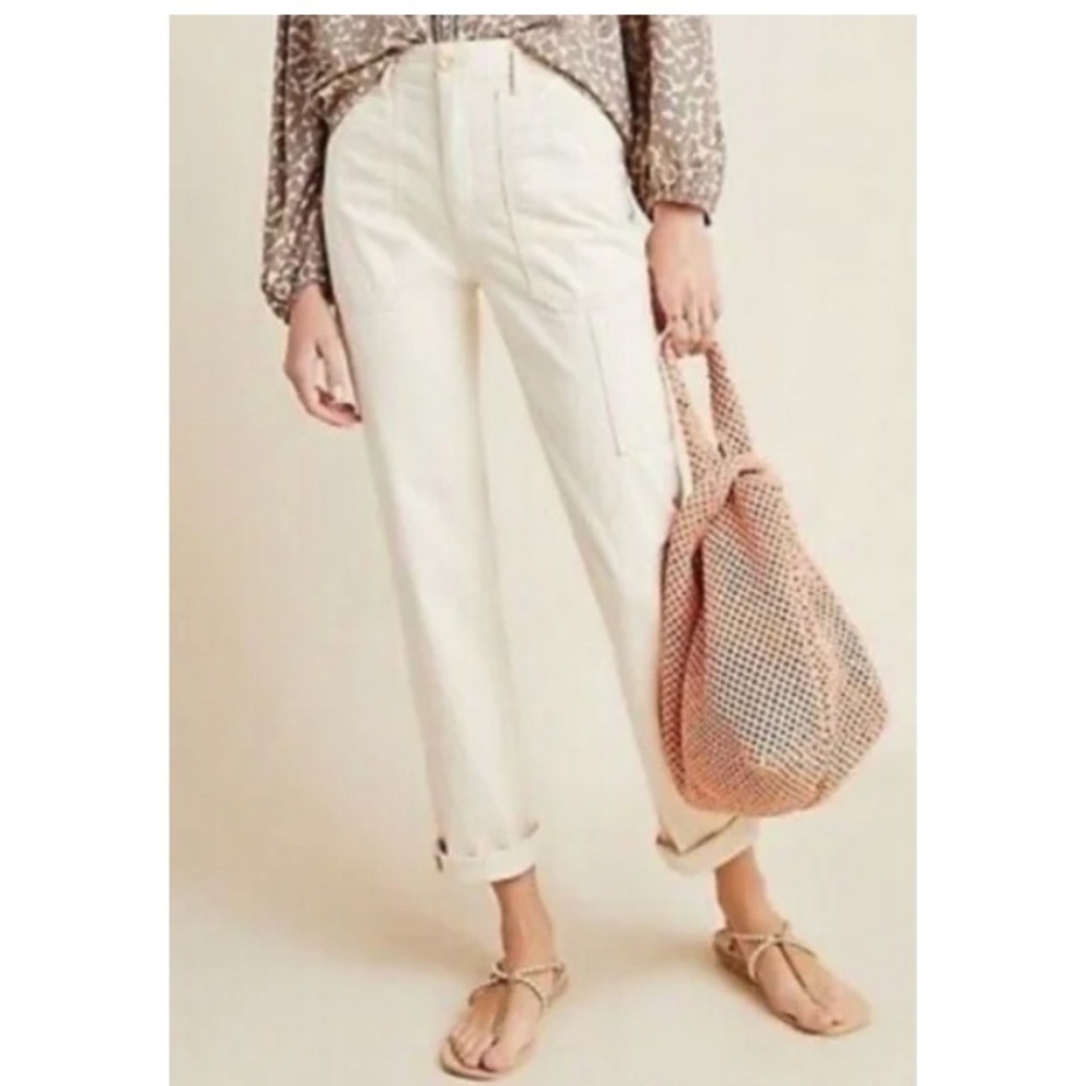 Anthropologie Carpenter Pants Womens 32 Petite Full Length Roll Up Ecru Cream